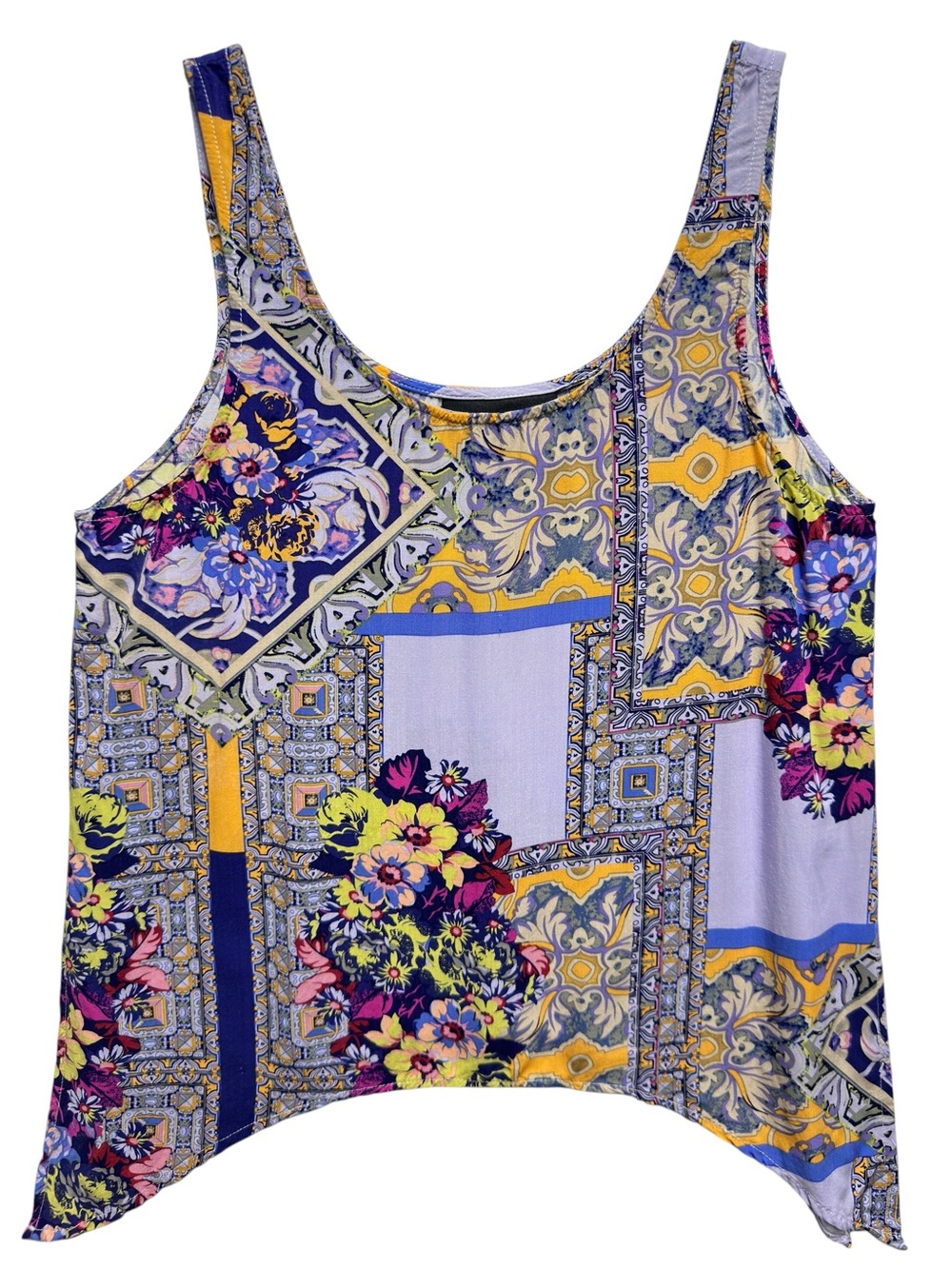 Silky Rayon Chambray Knit Patchwork Aztec Gypsy Floral Babydoll Tank Top Blouse